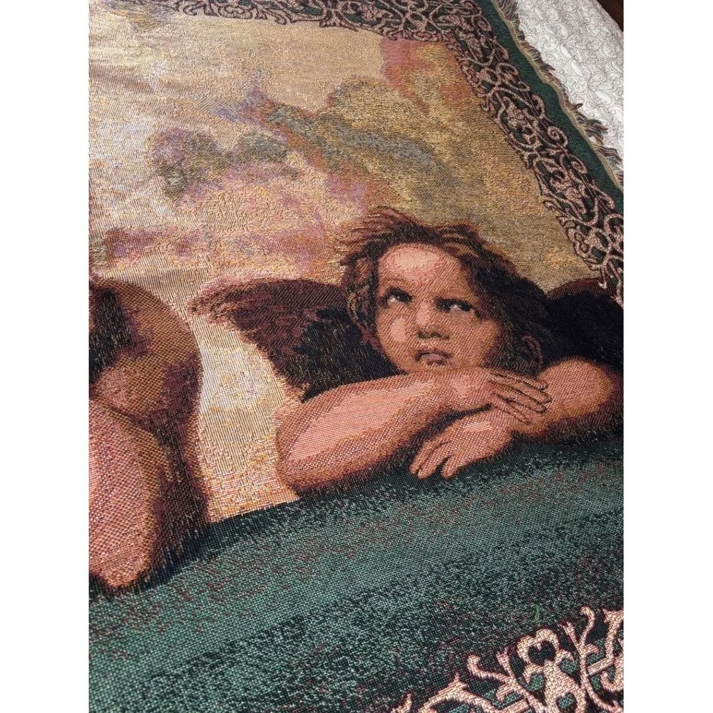 Vintage Raphael Cherub Woven Tapestry Throw Blanket Multicolor Fringed EUC